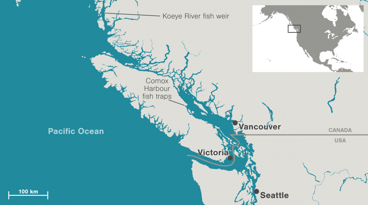 map of Comox Harbour and Koeye River