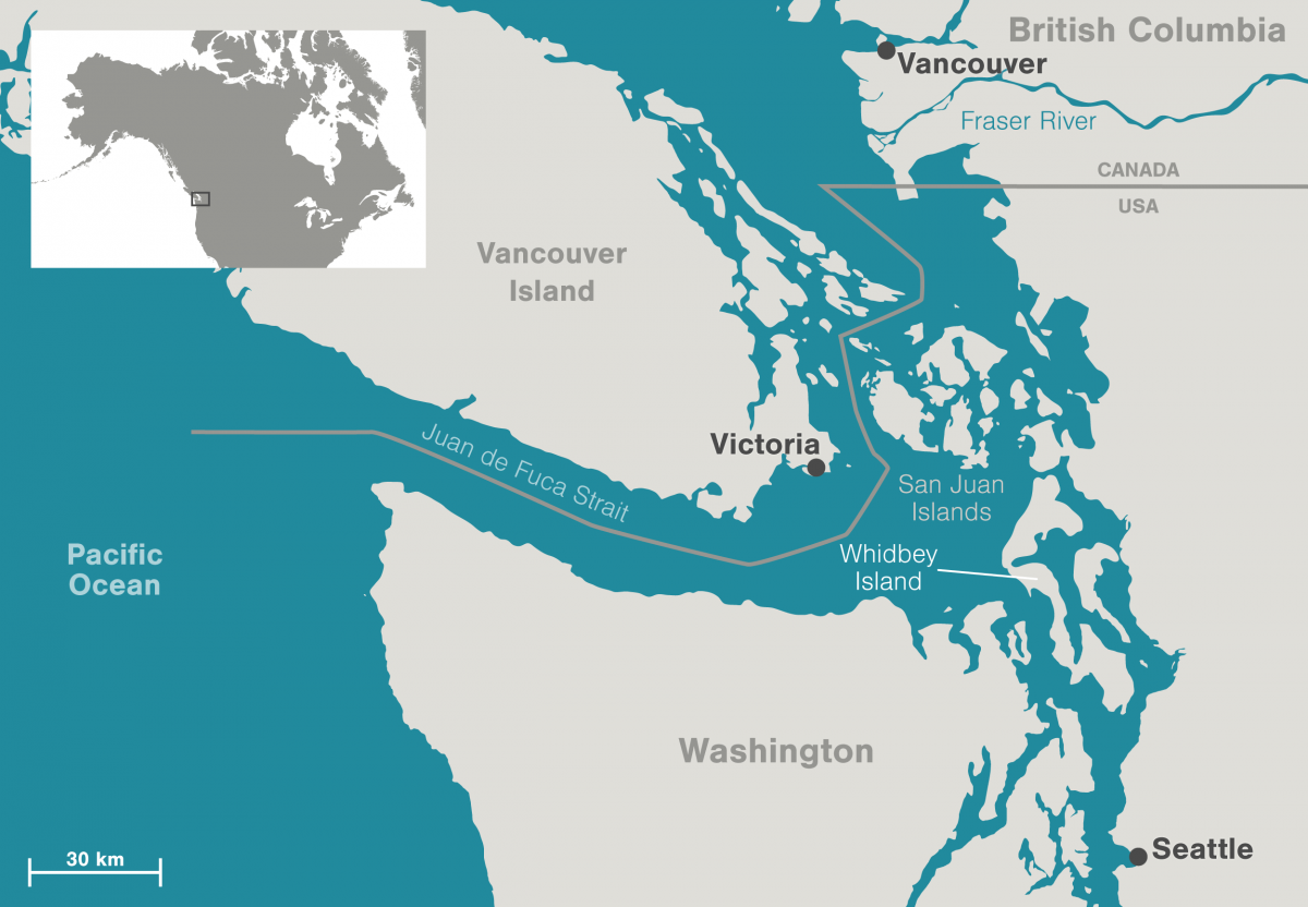 map showing location of Whidbey island, Washington