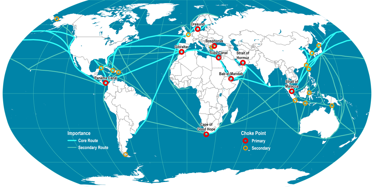 map of maritime shipping routes and choke points