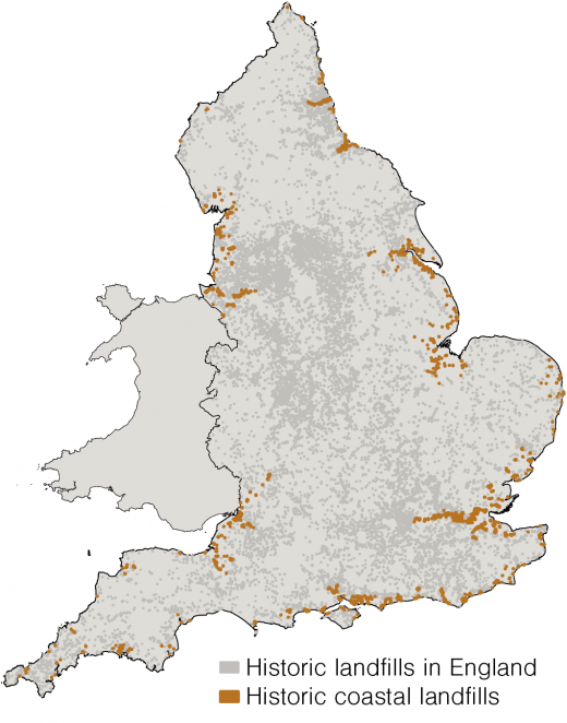 map for coastal landfills in England