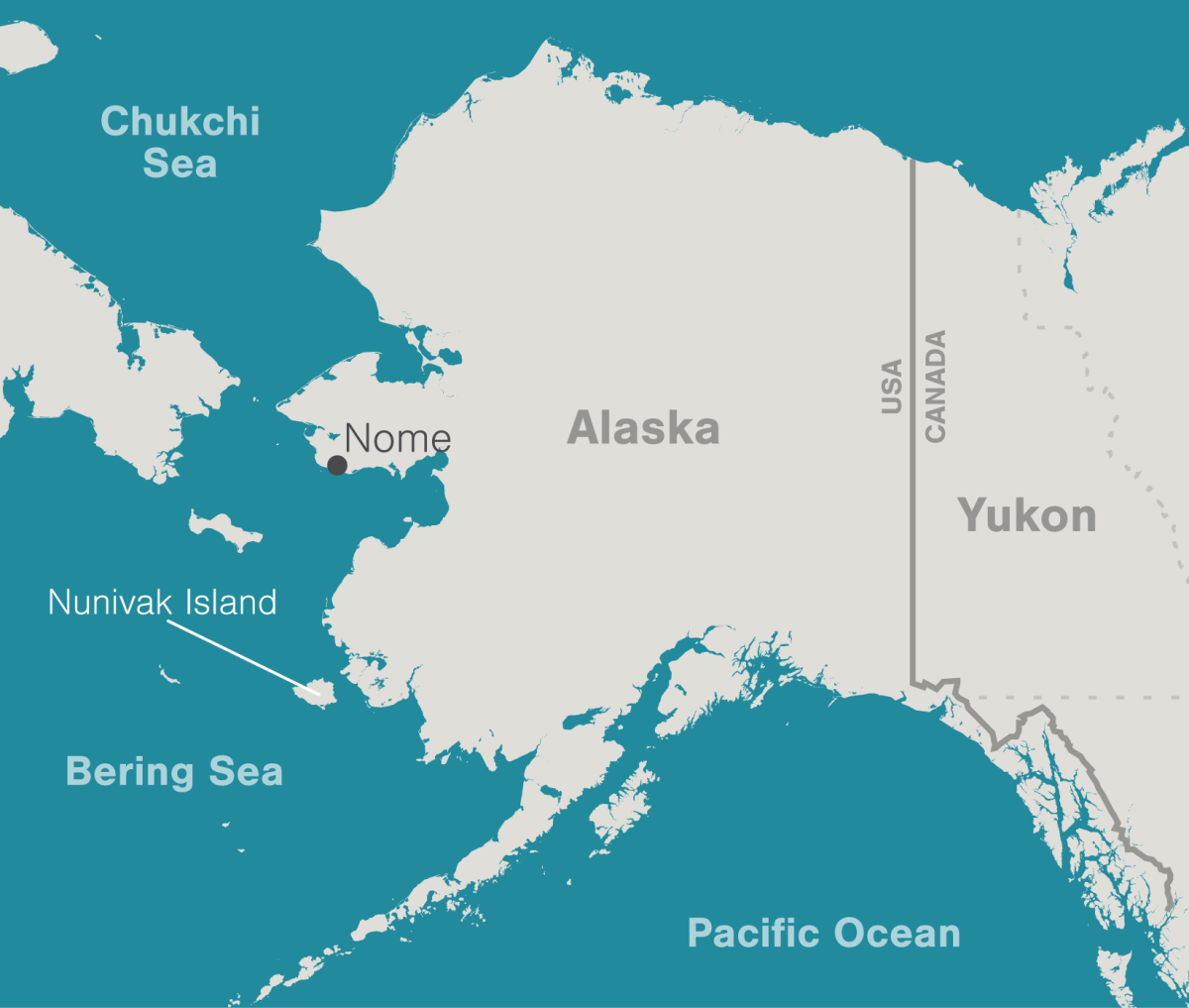 map showing location of Nome, Alaska and Nunivak Island