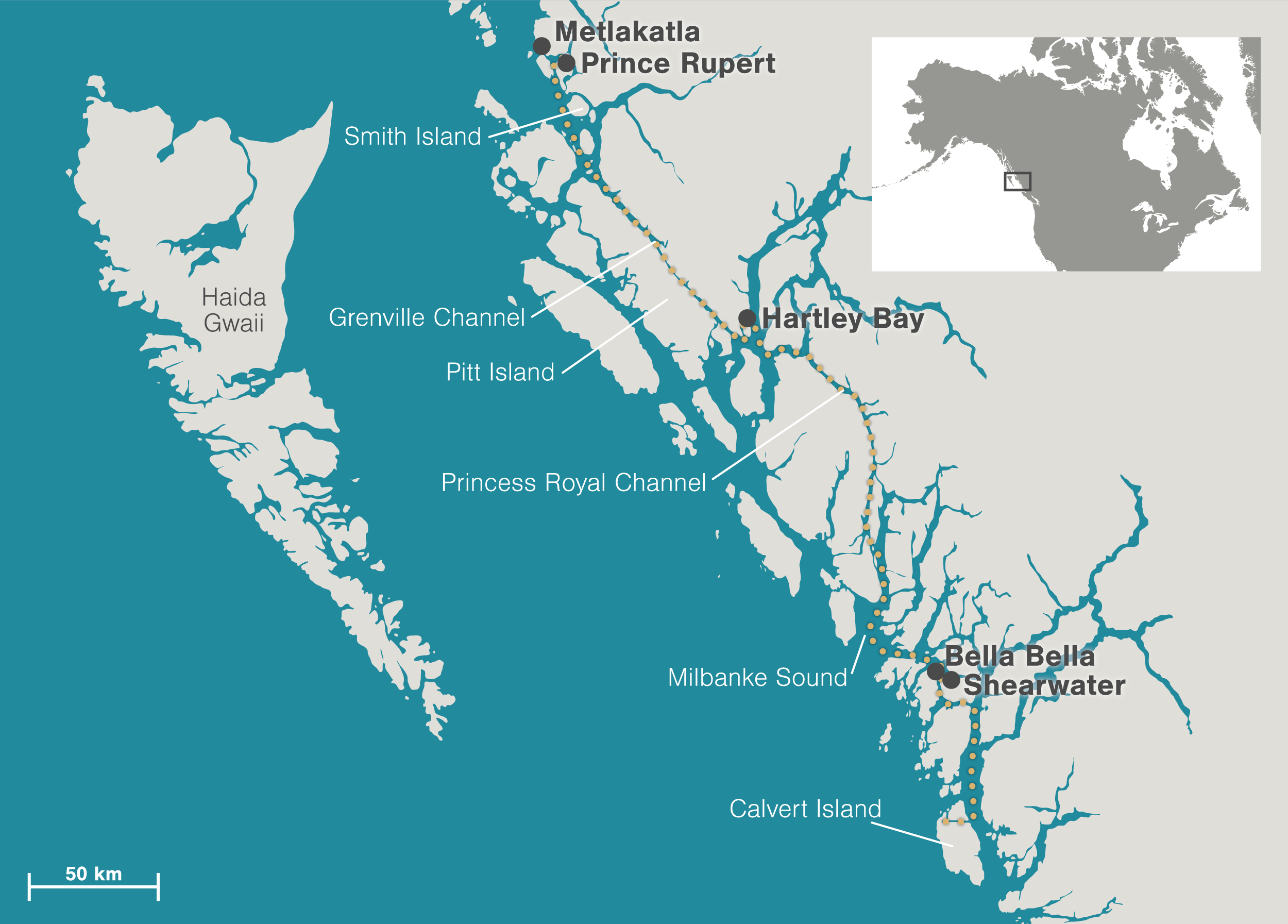 map showing the north and central coasts of British Columbia
