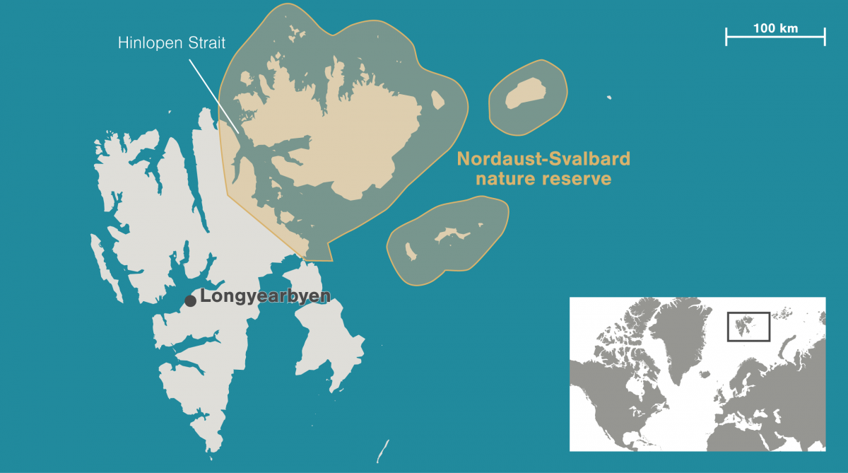 map of Nordaust-Svalbard nature reserve and site of the Northguider wreck