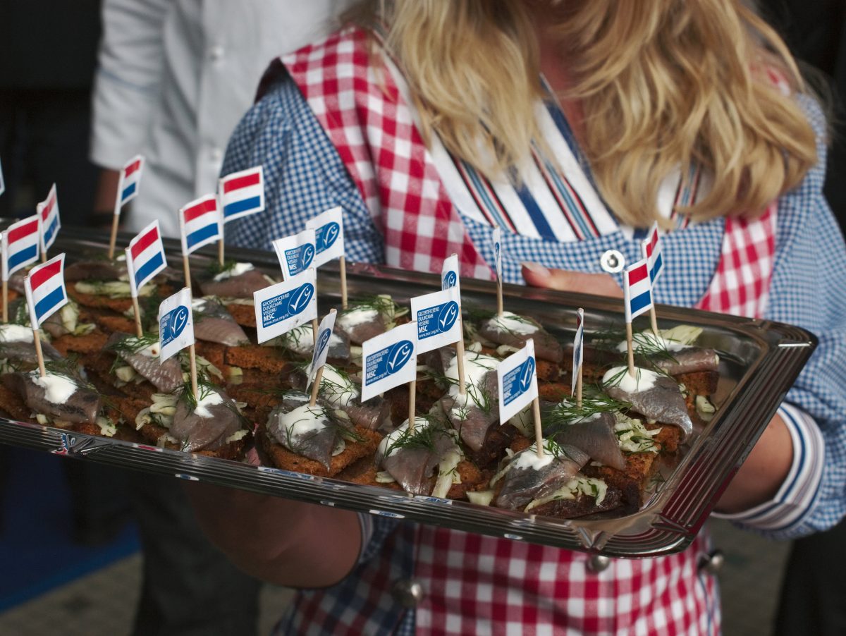 The Marine Stewardship Council’s blue fish logo can be found worldwide, including on this French party platter. Twelve percent of wild marine fish caught worldwide is certified by the organization. Photo by MSC/Nathalie Steins