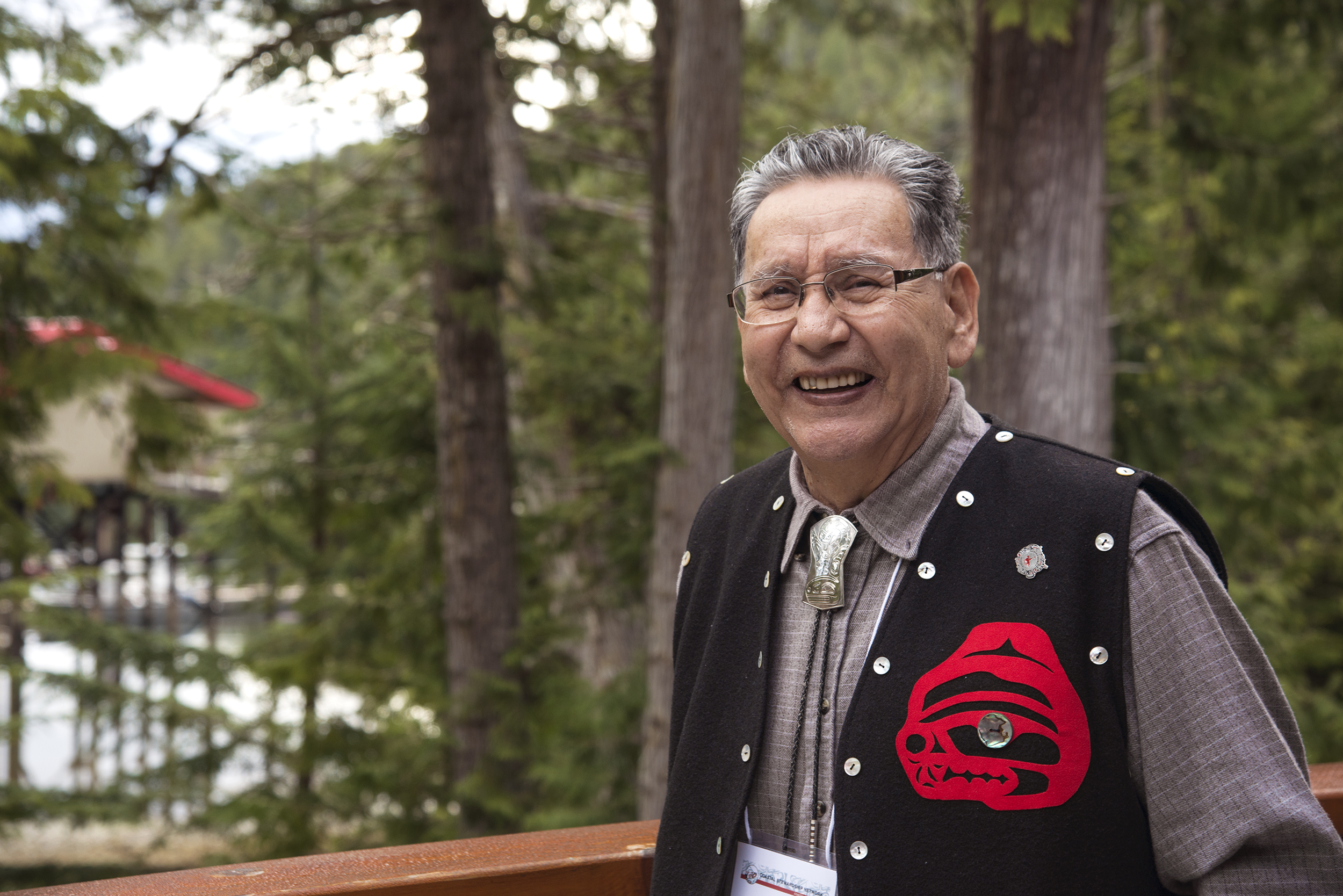 Elder Clarence Nelson from Metlakatla takes in the view from Calvert Island before the Coastal Stewardship Network meeting gets underway. Photo by Shanna Baker