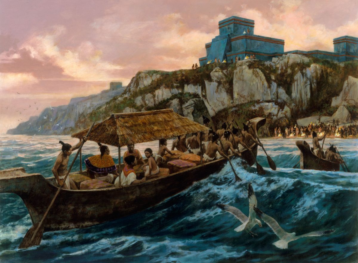 Illustration of canoes approaching Tulum