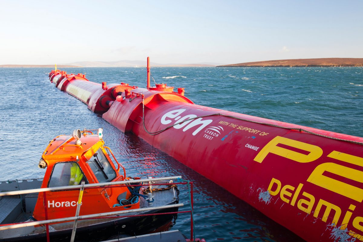 The Pelamis wave-energy generator, shown here at Orkney, Scotland, was so promising it drew the interest of the Chinese government. Photo by Ashley Cooper/Alamy Stock Photo