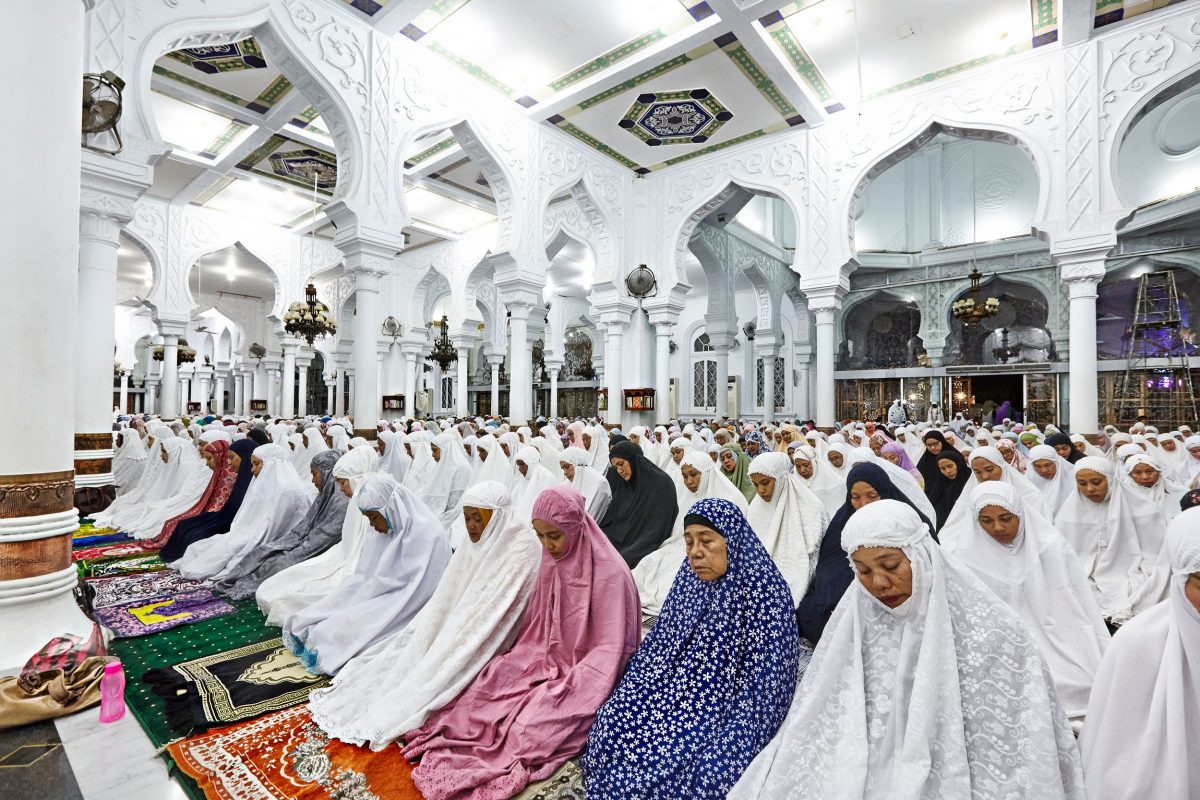 Devotees pray at the Baiturrahman Grand Mosque during Ramadan in Banda Aceh. The mosque survived the 2004 earthquake and tsunami and served as a temporary shelter.