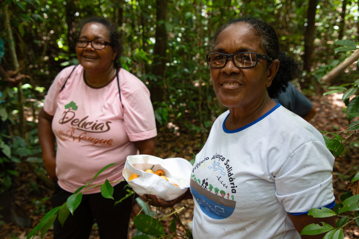 Rita da Conceicao Batista and Maira Cervate Batista Pereira collect fruit in the forest that grows in the middle of one of the islands.