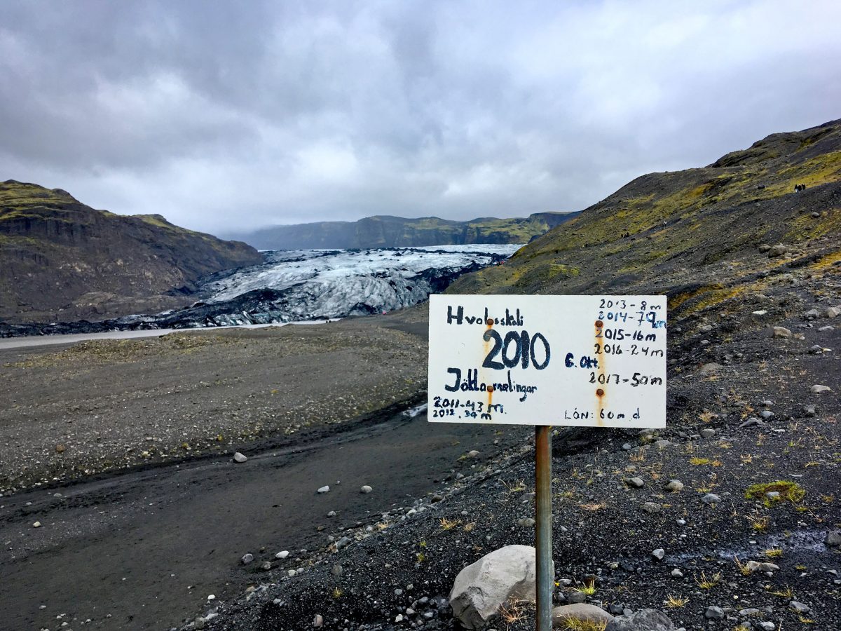 Sign recording the recession of the Sólheimajökull glacier, Iceland 