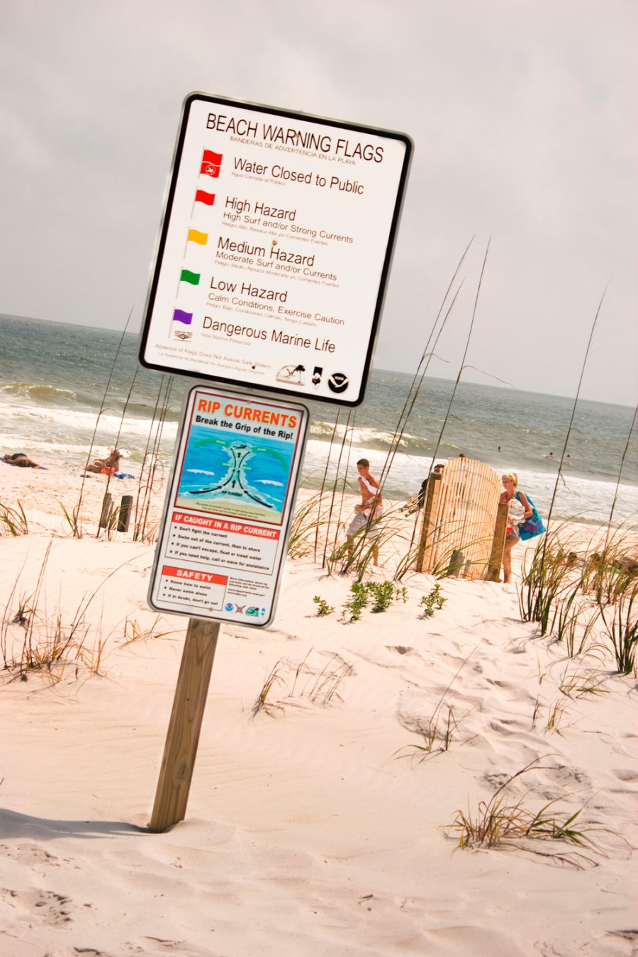 Sign explaining the meaning of beach warning flags and rip currents