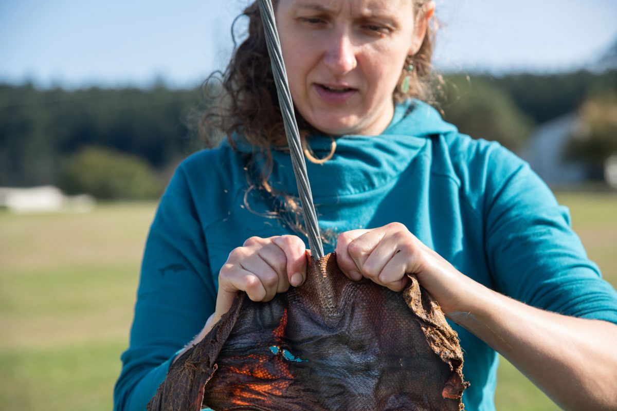Aurora Skala works a piece of fish skin across a cable