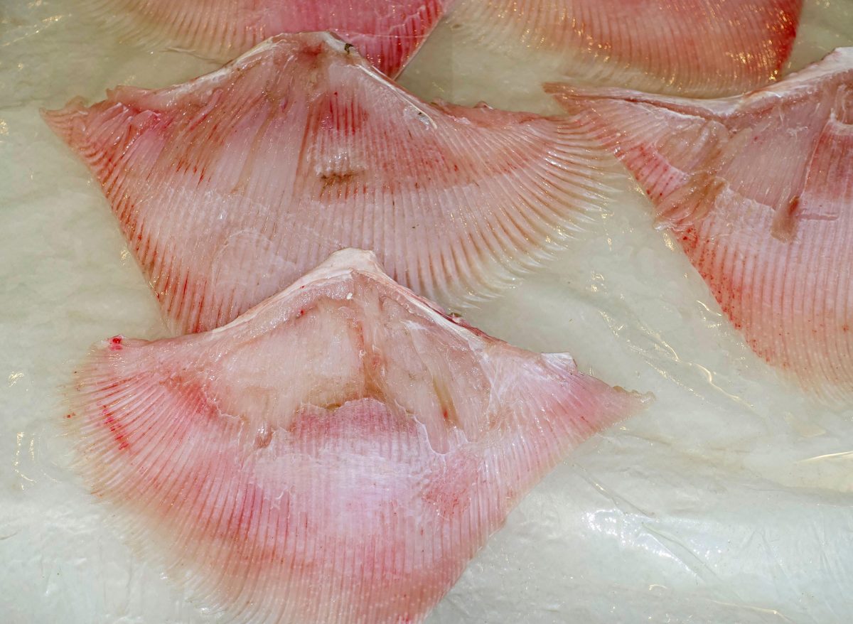 skinned skate wings at a fish market in Greece
