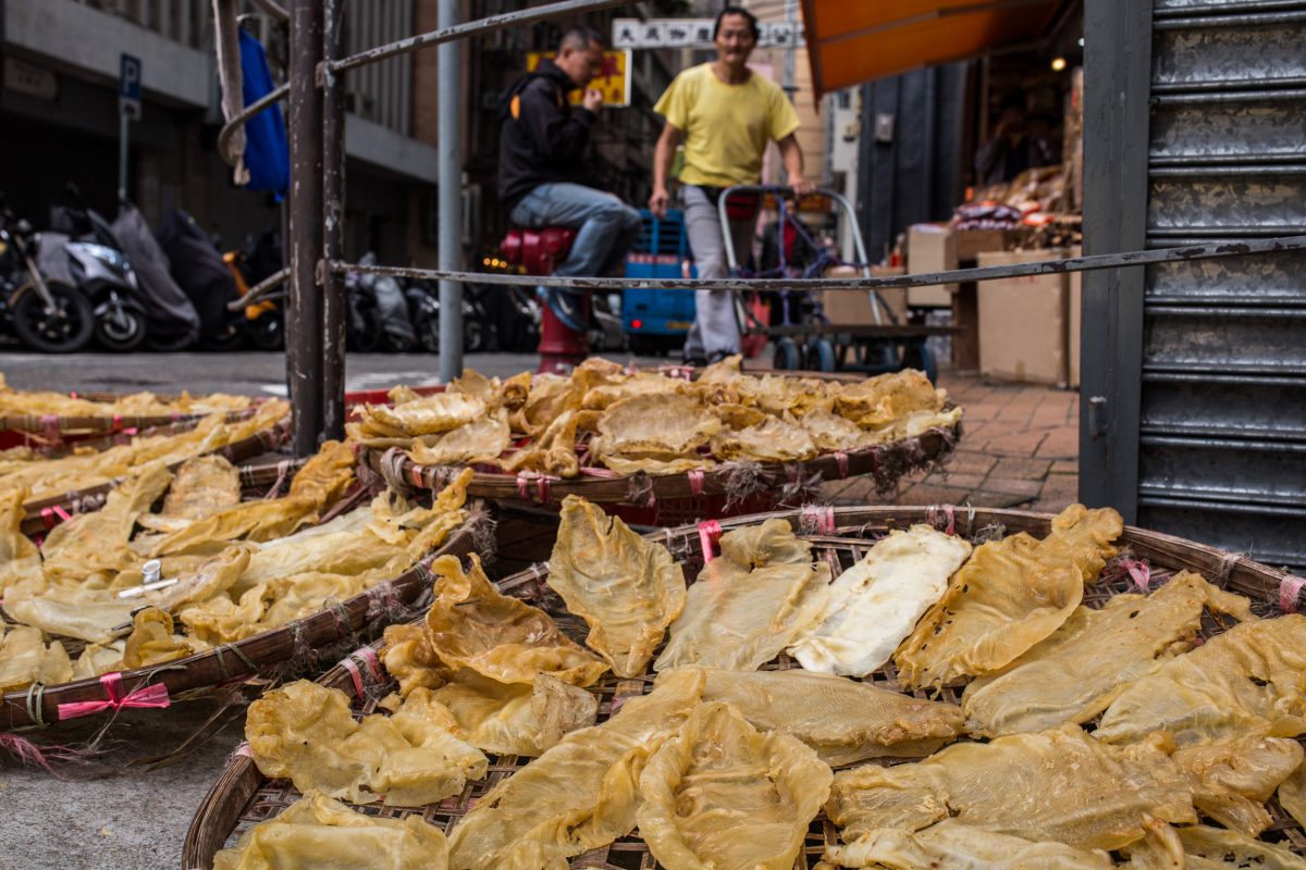 Fish maws drying on the side of a road outside a shop in Hong Kong