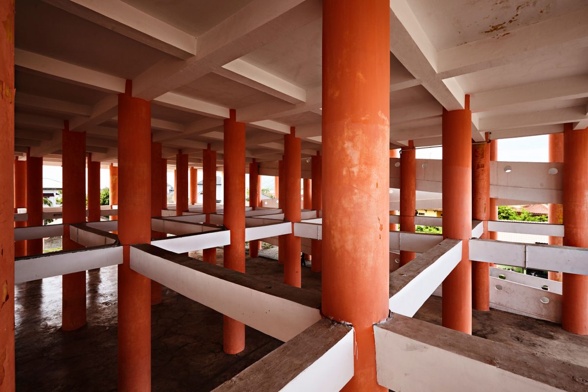 The lower floors of an evacuation building in Banda Aceh are open to let waves pass through. The multiple columns are designed to help the building withstand shaking and the impact of surging debris. 