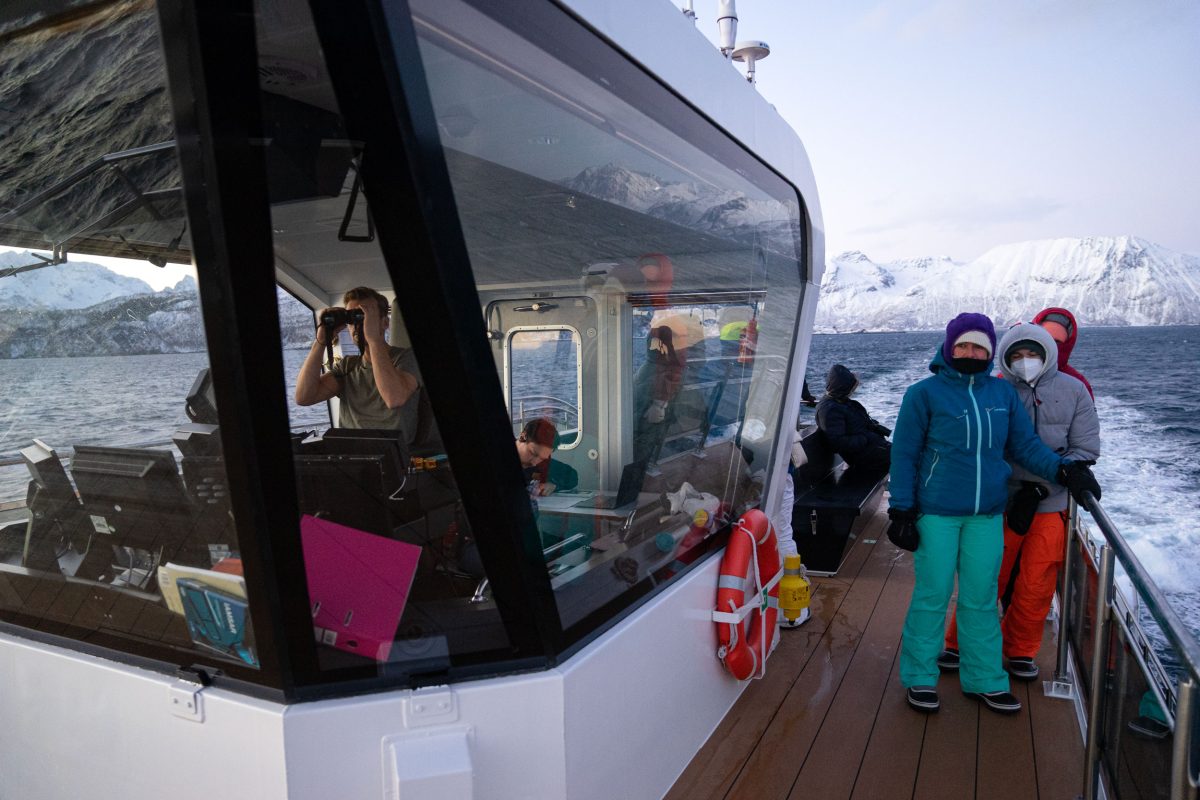Whale watching passengers on board the Brim Explorer