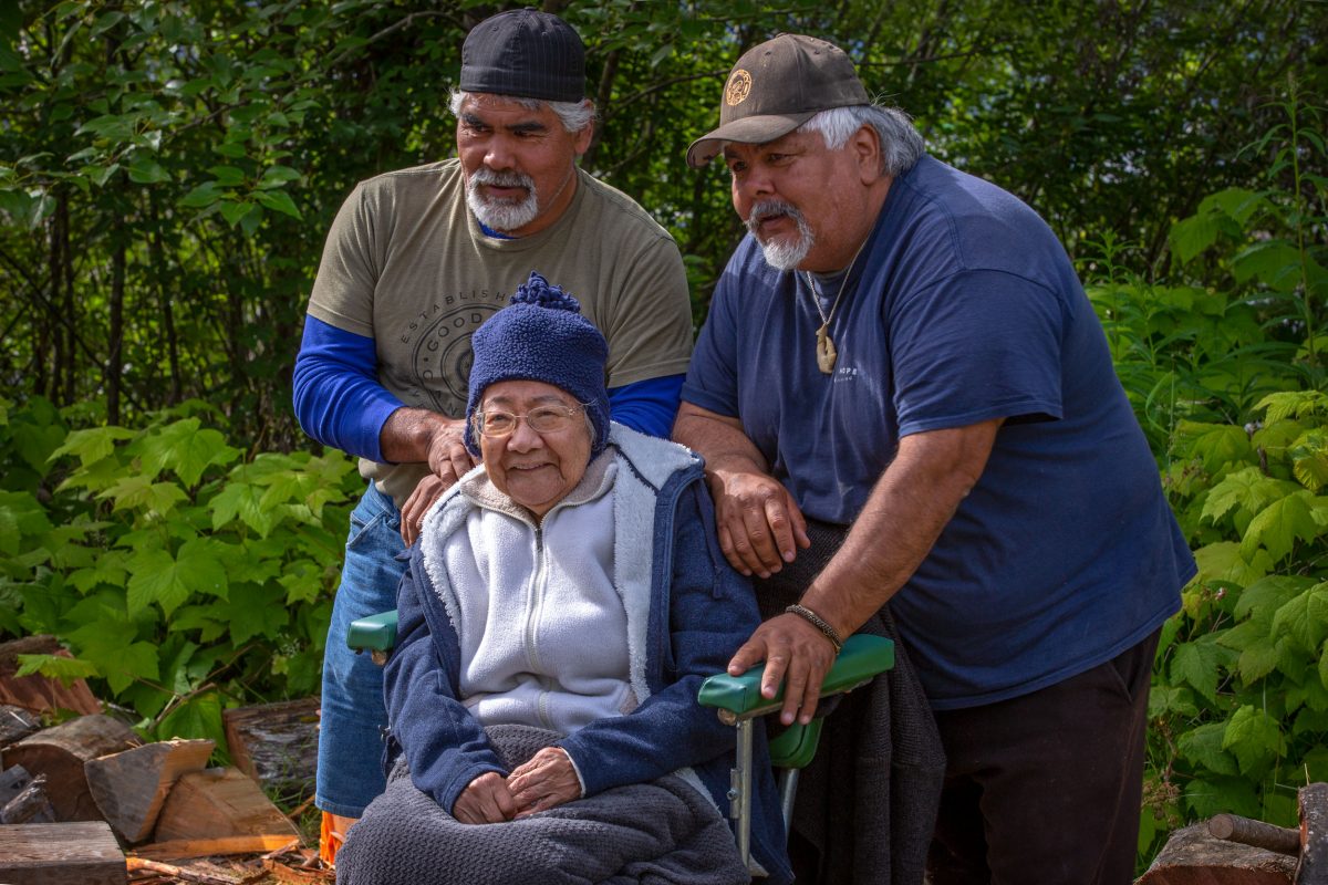 Ted Walkus, right, brother Dwayne, and their aunt Evelyn Windsor, a Wuikinuxv elder and cultural treasure at Second Narrows, near Windsor’s birthplace in Wuikinuxv territory.